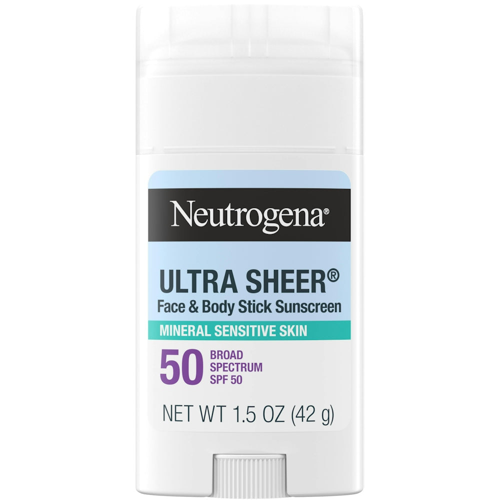 Neutrogena Ultra Sheer SPF 50 Zinc Mineral Sunscreen Stick 1.5 oz, a broad-spectrum mineral sun protection product.