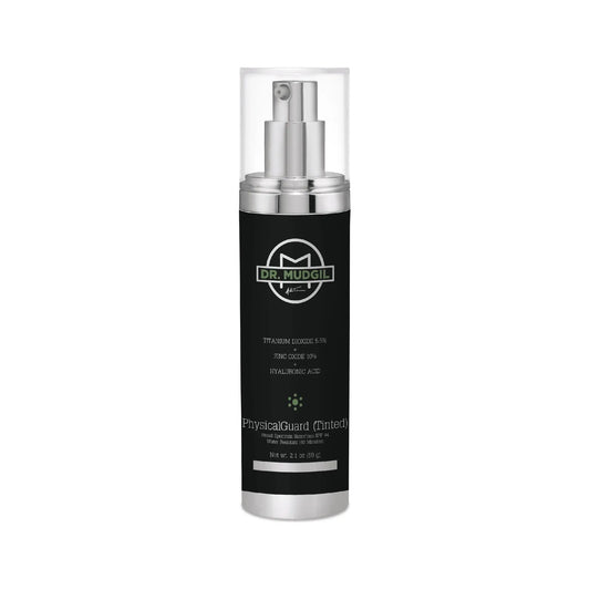 Wholly Kaw Dr. Mudgil PhysicalGuard tinted sunscreen with titanium dioxide, zinc oxide, hyaluronic acid, SPF 44, 57g.