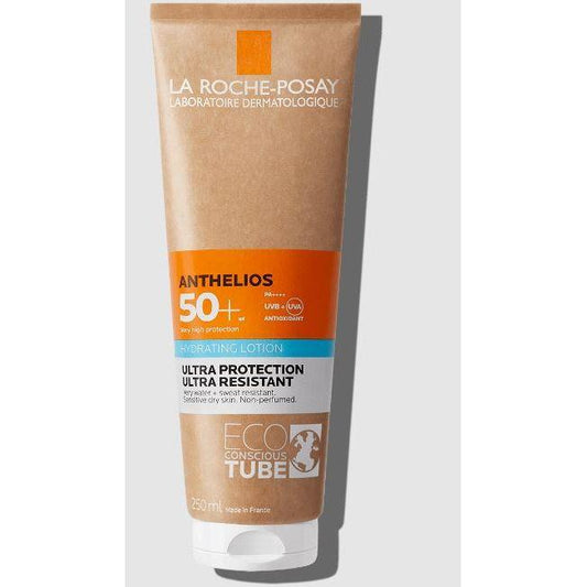 La Roche-Posay Anthelios SPF50+ hydrating sunscreen lotion in 250ml bottle, designed for ultra protection and resistance.