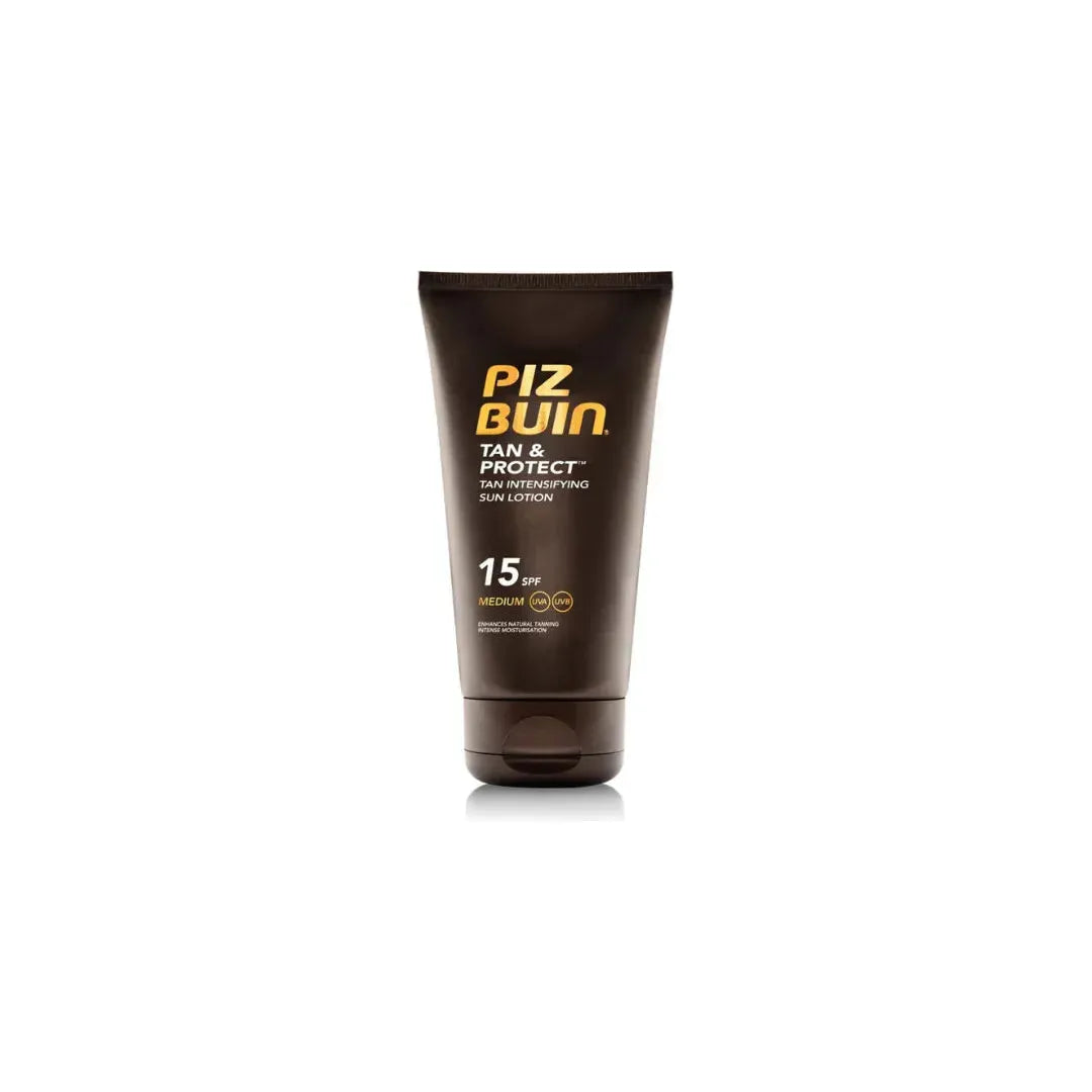 Piz Buin Tan & Protect SPF15 sunscreen lotion in 150ml bottle, boosting tan while protecting skin from sun damage.