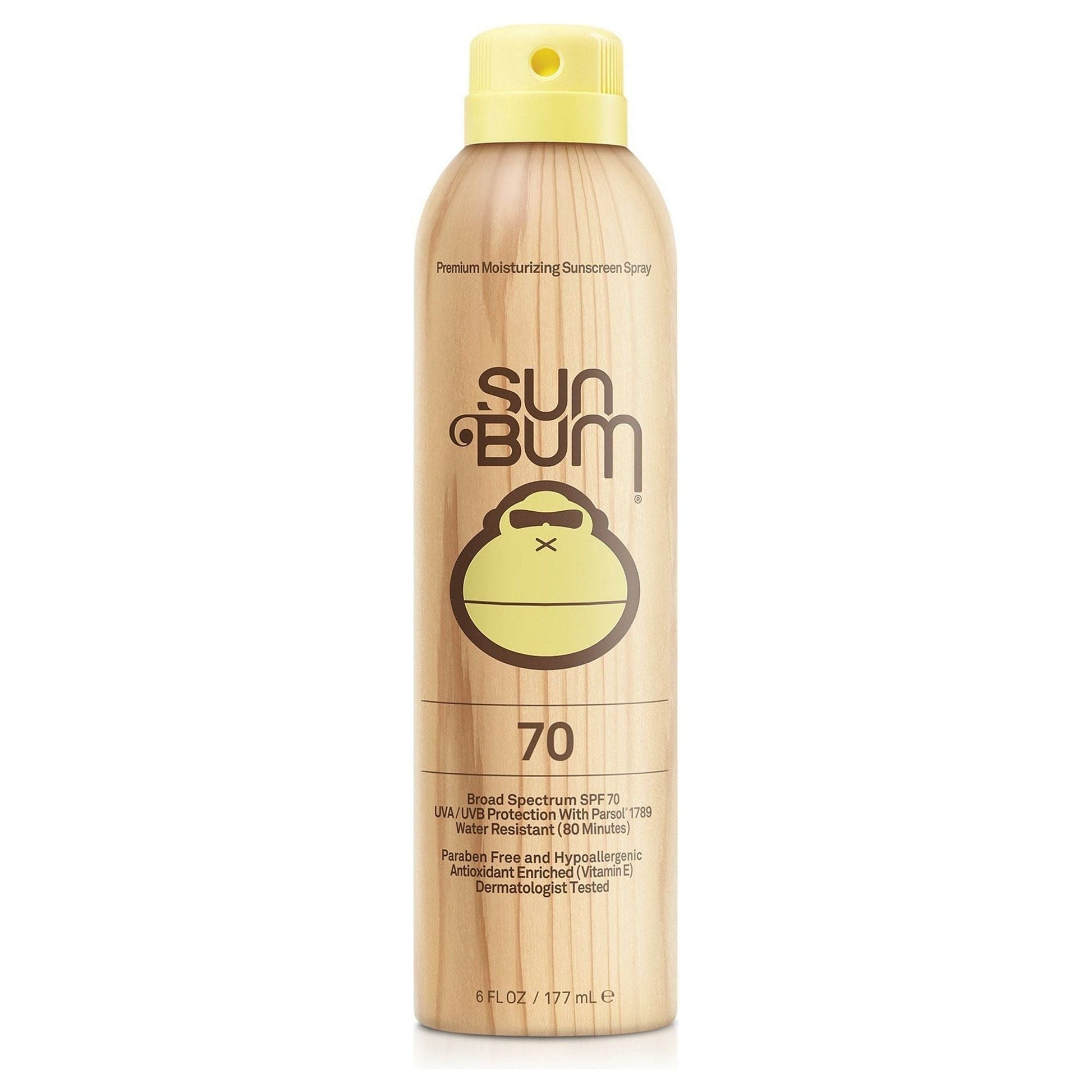 Sun Bum Original SPF 70 Sunscreen Spray in a 6 oz bottle, featuring a spray nozzle and label with sun protection branding.