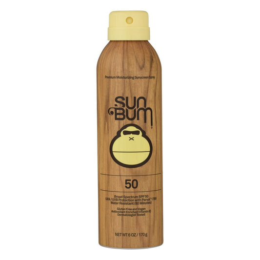 Sun Bum Premium Moisturizing Sunscreen Spray SPF50 in a 6oz spray bottle, showcasing the product with bright label and spray nozzle.