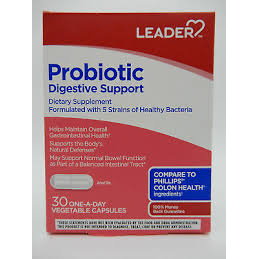 Leader Digestive Probiotic 2-Strain Formula supplement bottle with 30 capsules from Pasteur Pharmacy.