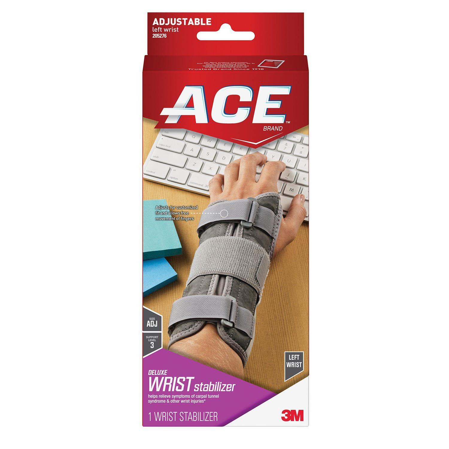Left Ace Deluxe Wrist Brace from Pasteur Pharmacy supporting support and stability, one size fits most, shown in neutral color.