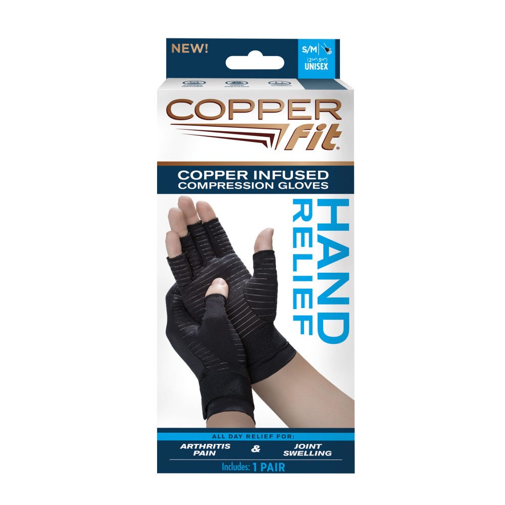 Copper Fit Hand Relief Compression Gloves in S/M, supportive braces for hand pain and comfort, designed by Pasteur Pharmacy.
