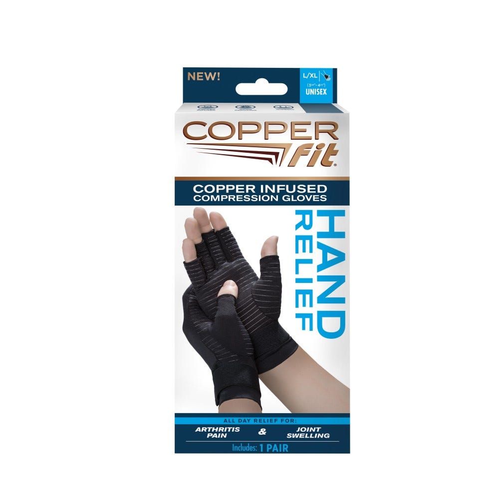 Copper Fit Hand Relief Gloves L/XL supported brace for hand pain relief, designed by Pasteur Pharmacy with breathable fabric.
