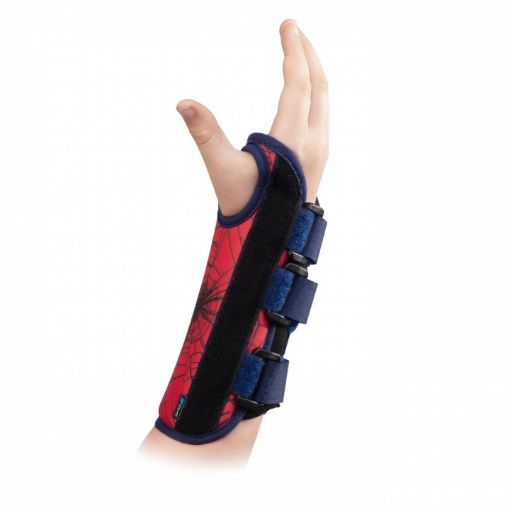 Pediatric Donjoy Marvel Spiderman wrist brace supporting the right wrist for children, designed for comfort and stability.