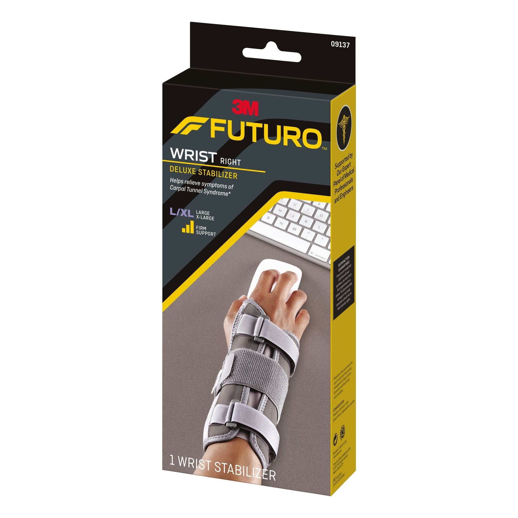 Futuro Deluxe Wrist Stabilizer for right hand in large/extra-large size, providing support and stabilization for wrist injuries.