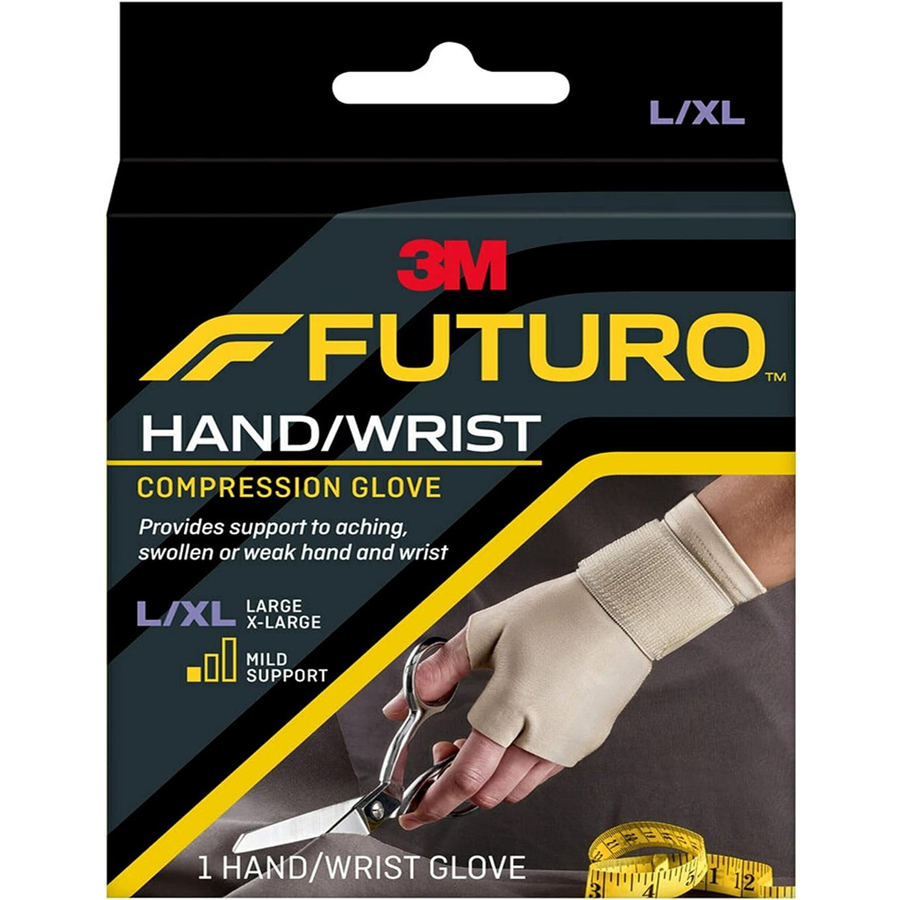 Futuro hand and wrist compression glove in large/XL size, supportive brace for pain relief and stabilization.