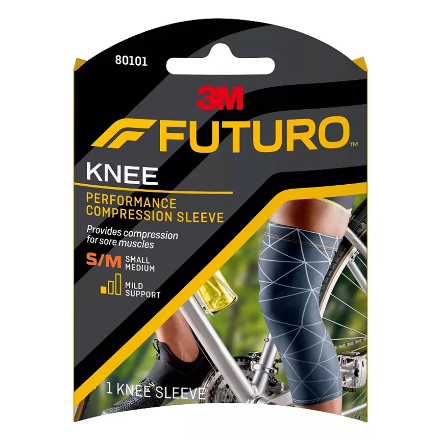 Futuro Performance Compression Knee Sleeve in small/medium, supportive brace for knee pain and stability, designed by Pasteur Pharmacy.