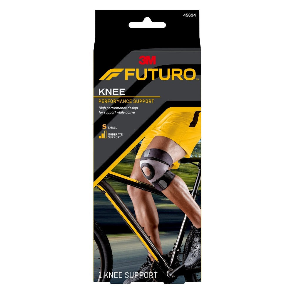 Futuro Sport moisture control knee support brace for moderate support, small size, designed to stabilize and protect the knee.