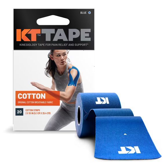 Blue KT Tape Original Cotton Kinesiology Tape precut strips for muscle support, 20-count, designed to aid muscle recovery and stability.