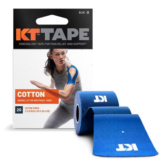 Blue KT Tape Original Cotton Kinesiology Tape precut strips for muscle support, 20-count, designed to aid muscle recovery and stability.