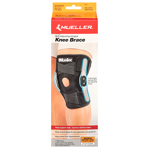 Black Mueller adjustable hinged knee brace with support straps, designed for knee stabilization and injury relief.