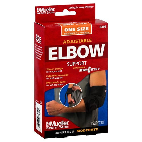 Adjustable Mueller Elbow Support brace in one size, designed for support and compression, shown on a neutral background.