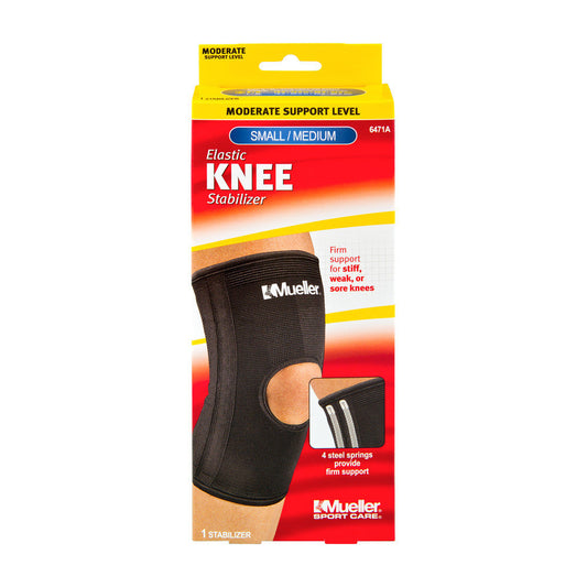 Mueller Sport Care small/medium elastic knee stabilizer brace providing support and compression for knee injuries.