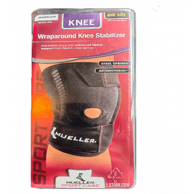 Mueller wraparound knee stabilizer brace providing support and compression for knee pain and injury recovery.