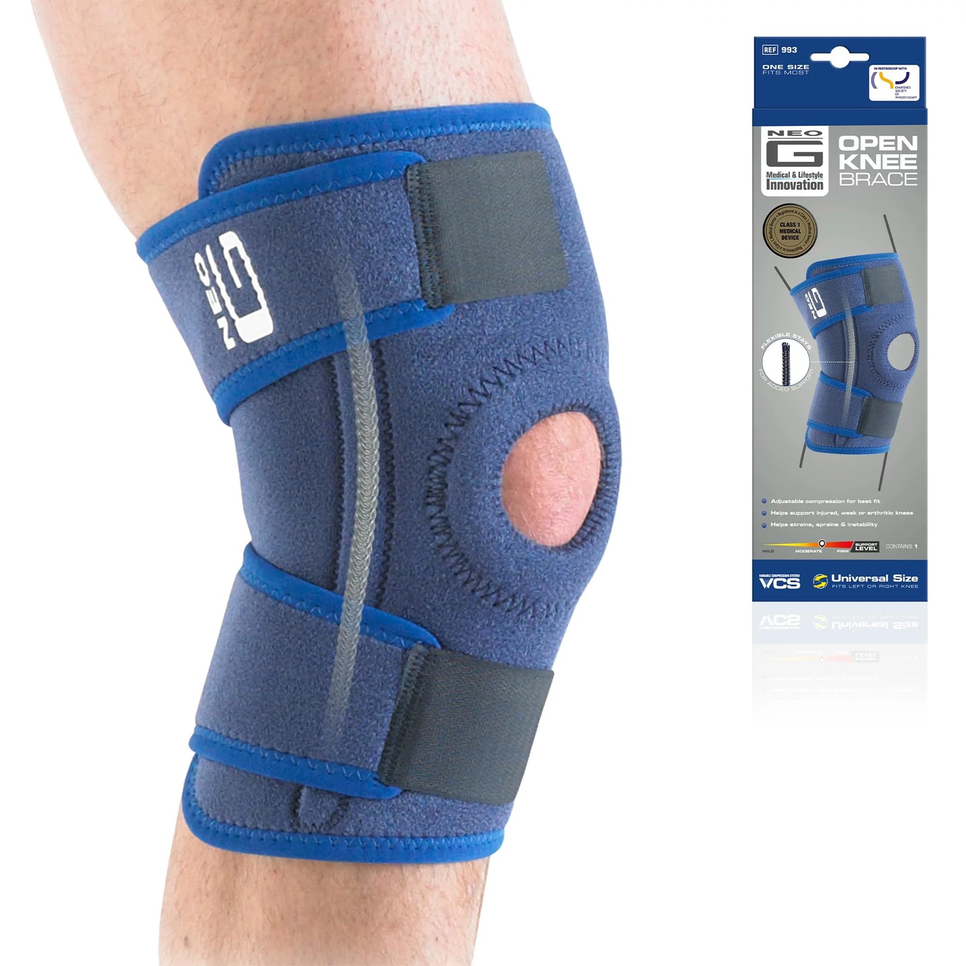 Neo G adjustable open knee support brace, universal one size, provides stability and compression for knee pain relief.