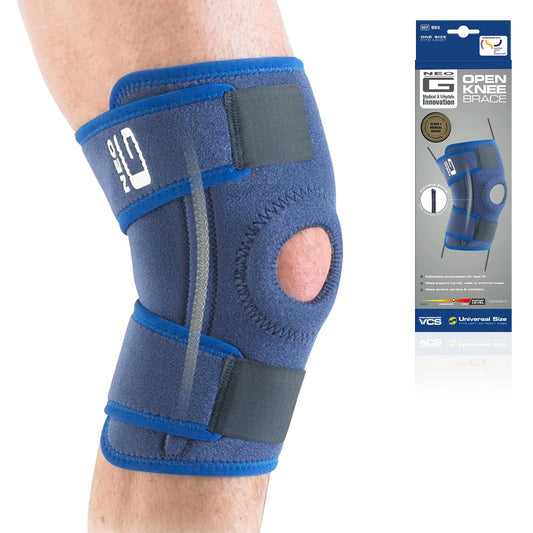 Neo G adjustable open knee support brace, universal one size, provides stability and compression for knee pain relief.
