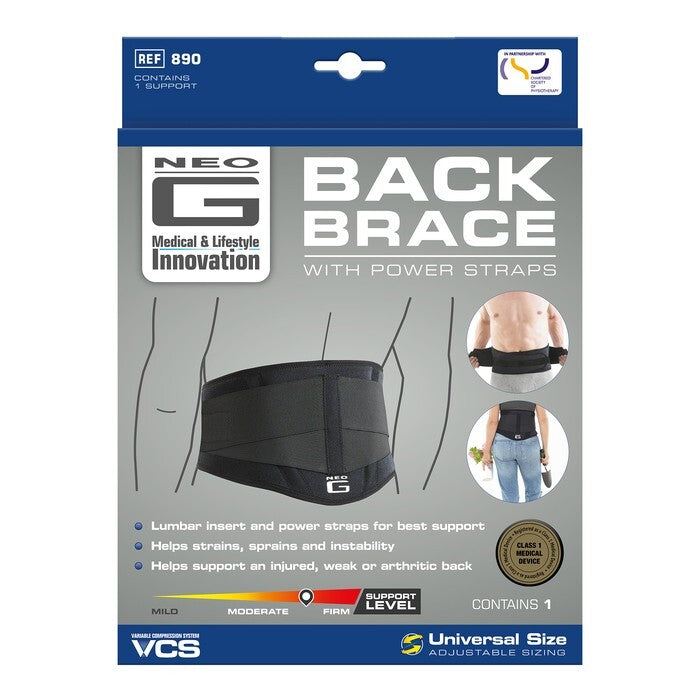 Neo G back brace with power straps, supports and stabilizes the lower back, one size fits all, designed for comfort and support.