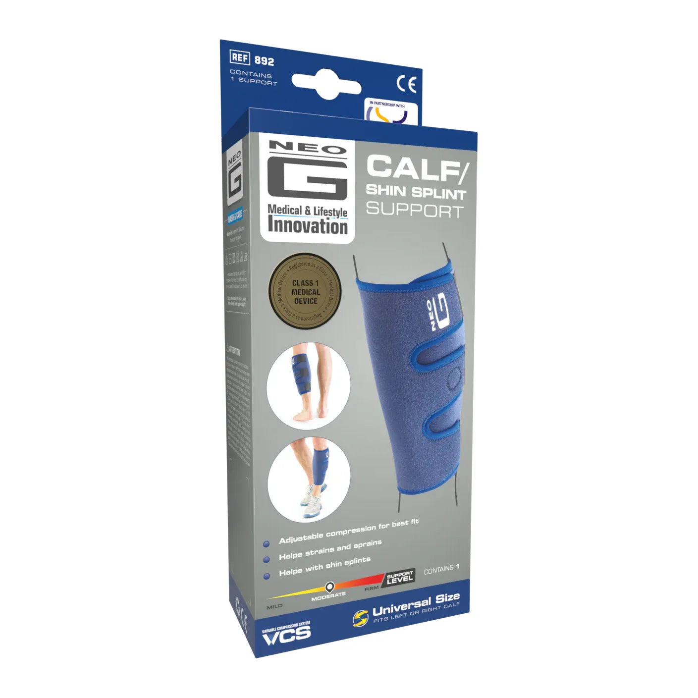 Neo G calf and shin splint support brace, one size fits all, designed for calf and shin injury relief and support.