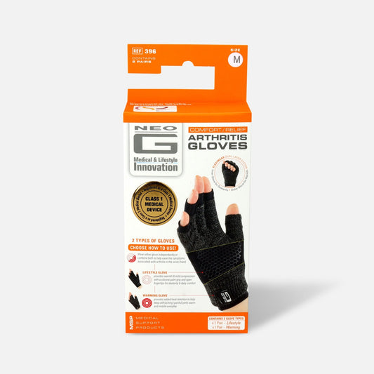 Pair of Neo G Comfort Relief Arthritis Compression Gloves in medium size, supporting finger and hand compression for joint relief.