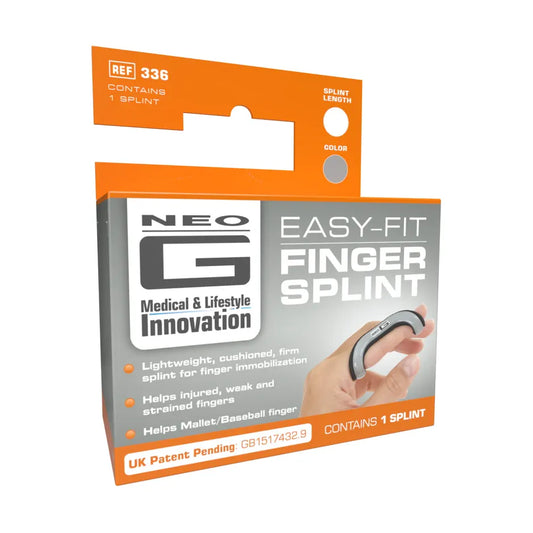 Medium Neo G Easy-Fit Finger Splint supporting finger injuries, made by Pasteur Pharmacy, shown on a white background.