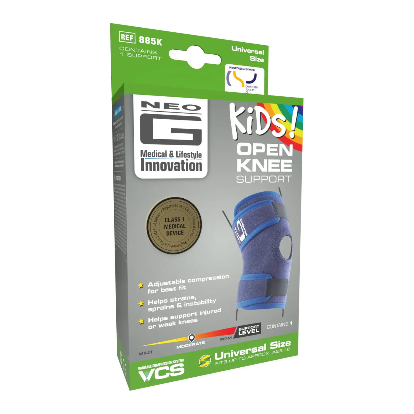 Neo G Kids open patella knee support brace, adjustable one size fits all, designed to provide knee stability for children.
