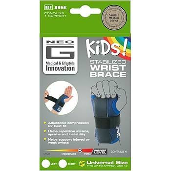 Neo G Kids stabilized wrist brace for right hand, supports and braces for wrist injury or strain, in a child's size.