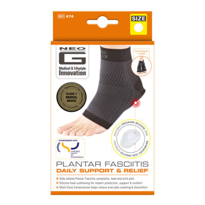 Neo G Plantar Fasciitis support compression sock with silicone heel cushioning, XXL size, designed for foot pain relief and comfort.