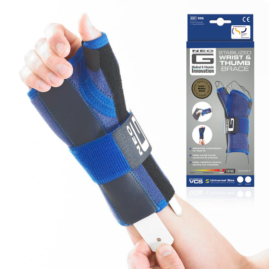 Neo G stabilized wrist and thumb brace for left hand, universal size, supportive orthotic brace for injury or pain relief.