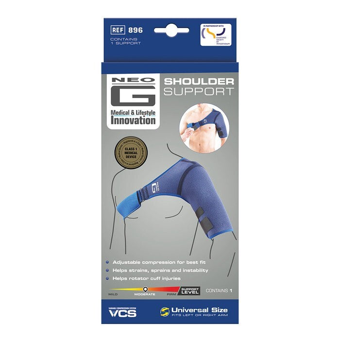 Neo G universal shoulder support brace made of neoprene, designed to help stabilize and support shoulder injuries.