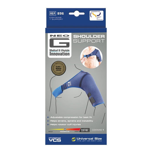 Neo G universal shoulder support brace made of neoprene, designed to help stabilize and support shoulder injuries.