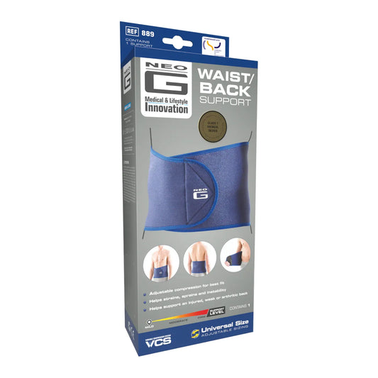 Neo G waist and back support brace with adjustable compression, designed for comfort and fit, one size fits most.