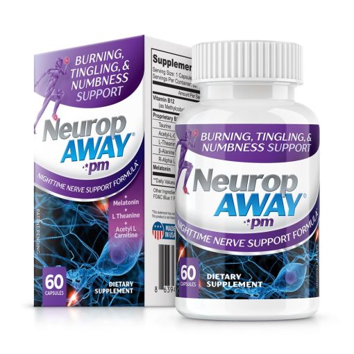 Pasteur Pharmacy NeuropAWAY PM capsules for nighttime nerve support, featuring a bottle of dietary supplement capsules.