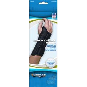 Black Sport Aid Deluxe Wrist Brace for right hand, medium size, providing firm support for carpal tunnel and arthritis.