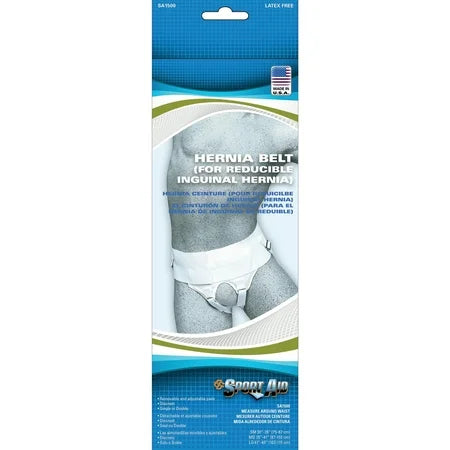 Small Sport-Aid Hernia Belt by Pasteur Pharmacy, supportive brace with adjustable straps for hernia relief.