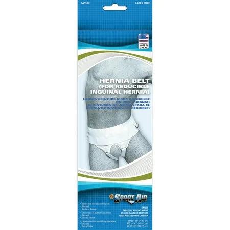 Large Sport Aid inguinal hernia belt by Pasteur Pharmacy, support brace for hernia relief with adjustable fit.