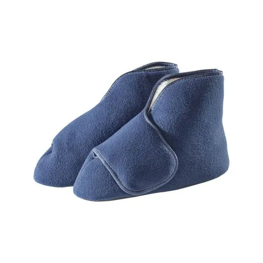 Unisex navy fleece booties for swollen feet, large size, supportive braces by Pasteur Pharmacy, cozy and extra wide for comfort.