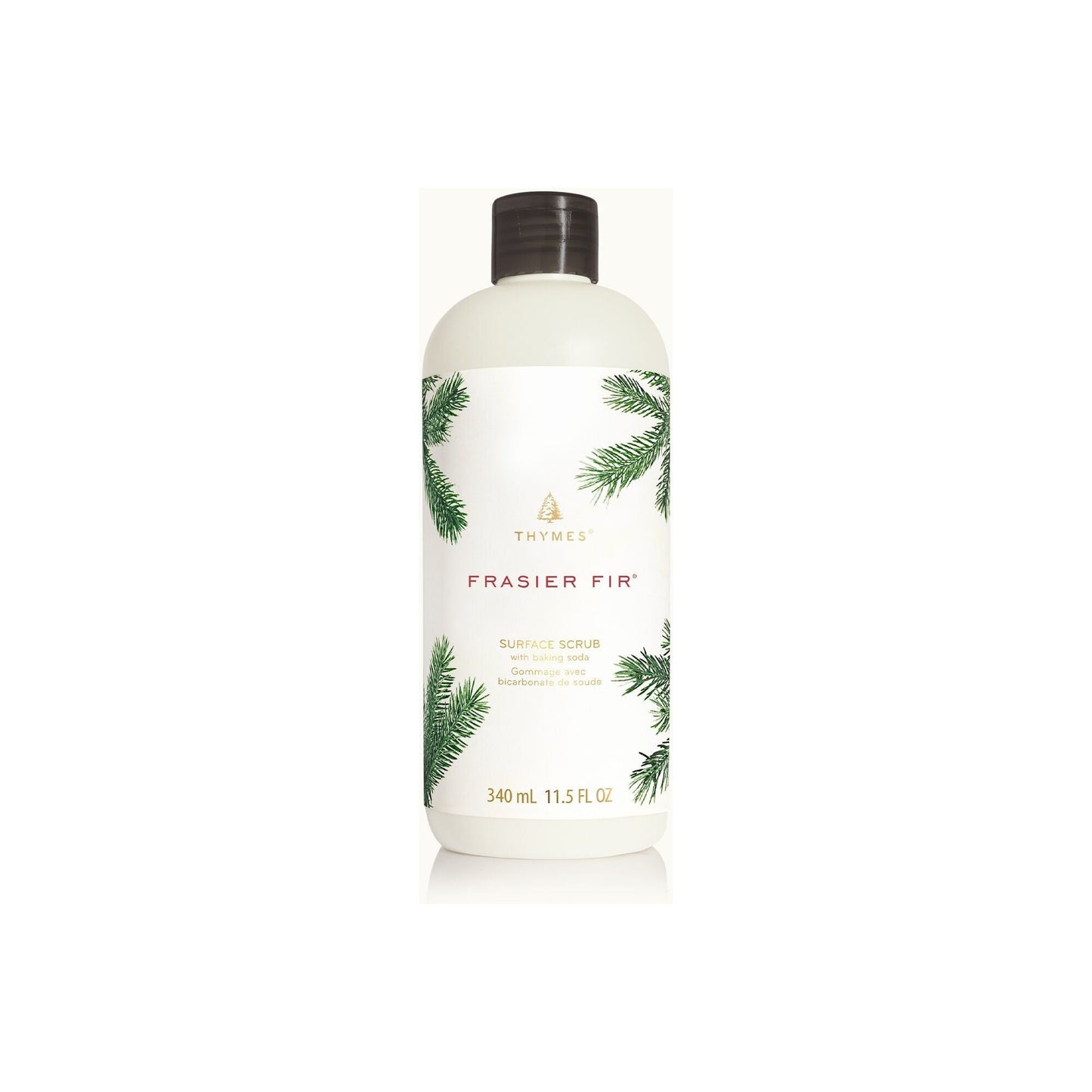 Thymes Frasier Fir Surface Scrub in 340ml container, natural wood and fir scent, textured scrub for cleaning surfaces.