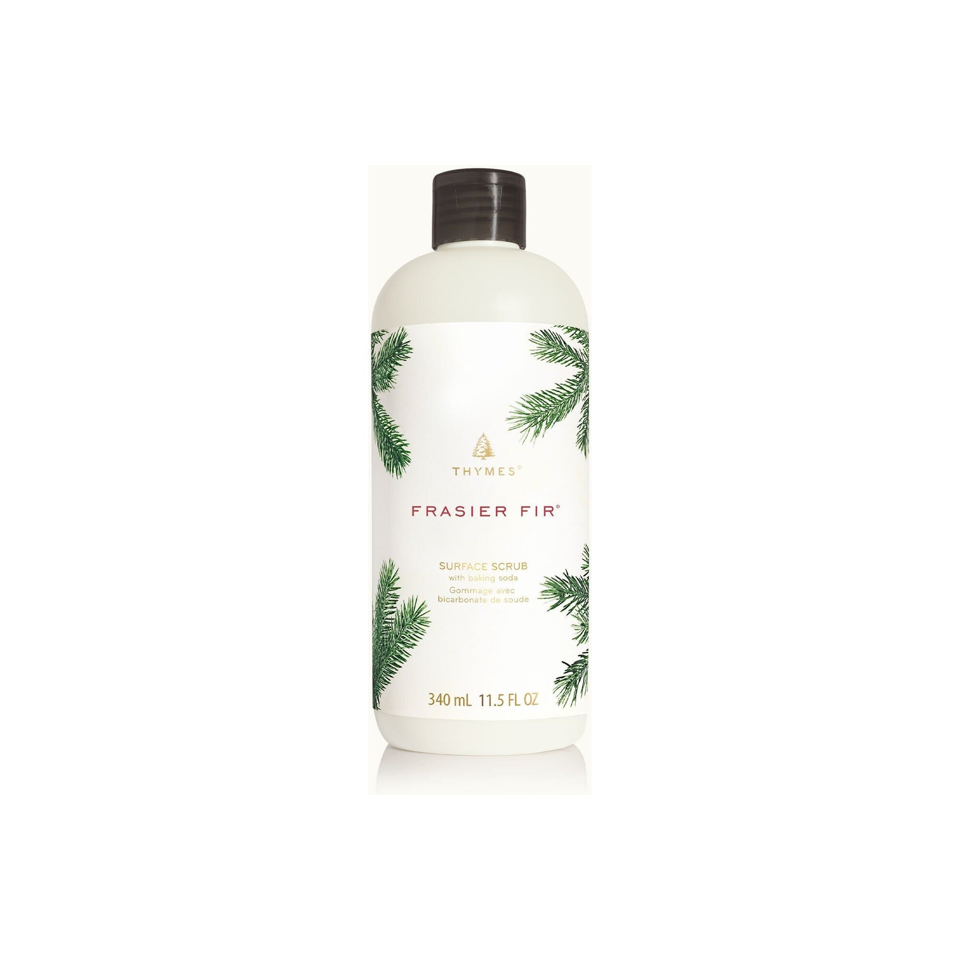 Thymes Frasier Fir Surface Scrub in 340ml container, natural wood and fir scent, textured scrub for cleaning surfaces.