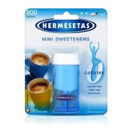 Hermesetas Mini Sweeteners in a box with 800 tablets, ideal for adding sweetness to beverages and recipes.