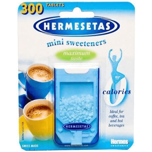 Hermesetas Mini Sweeteners Original 300 Tablets in a white container, ideal for sugar substitutes and low-calorie sweetening.