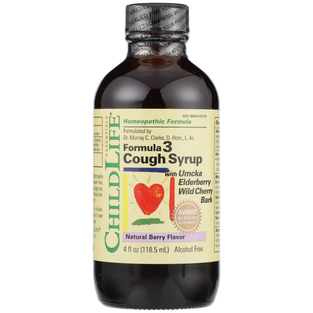 ChildLife Essentials Cough Syrup Formula 3 in natural berry flavor, a syrup for children, with a picture of the bottled product.