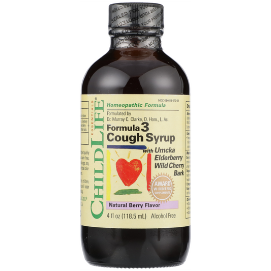 ChildLife Essentials Cough Syrup Formula 3 in natural berry flavor, a syrup for children, with a picture of the bottled product.