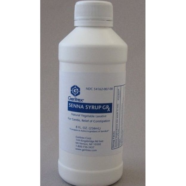 Geritrex Senna Syrup from Pasteur Pharmacy in an 8 oz bottle, a natural laxative syrup for digestive relief.