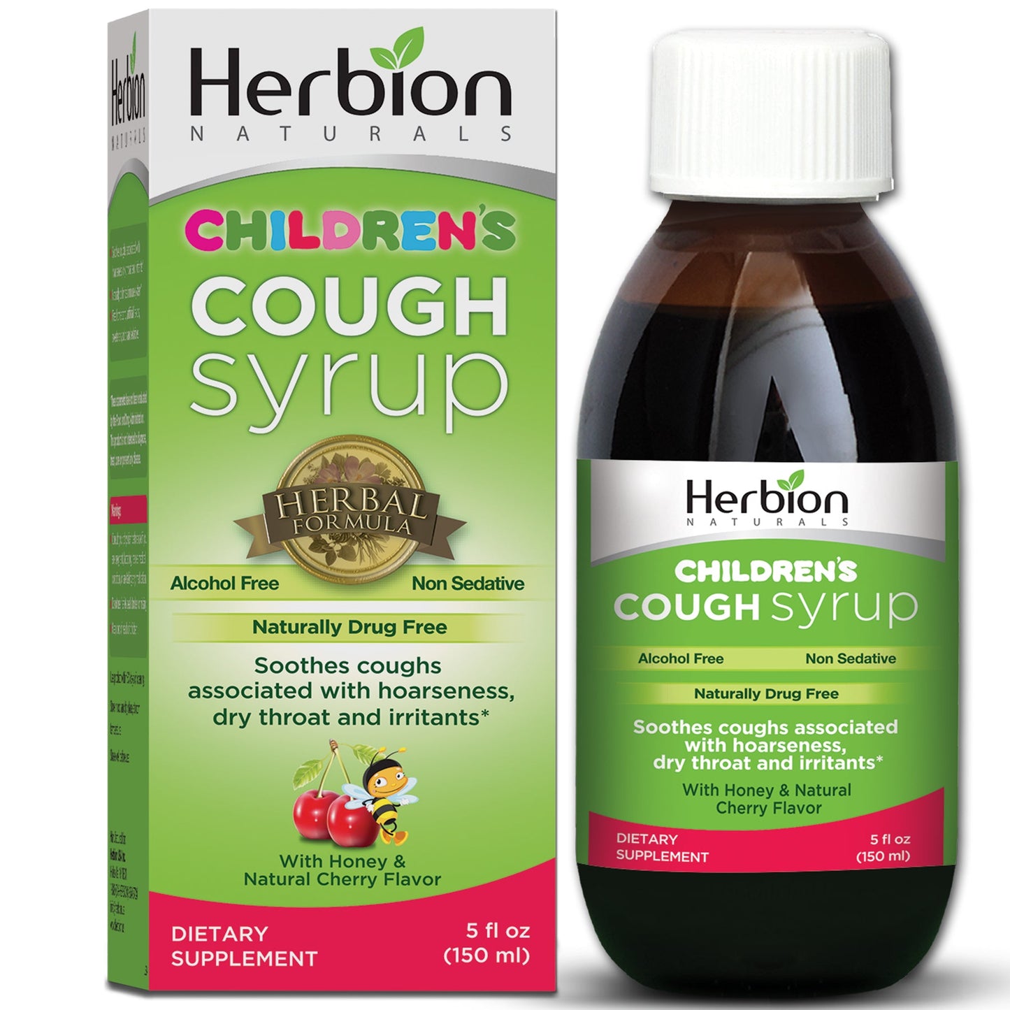Herbion Naturals Cherry Throat Syrup for Children in 5 oz bottle, featuring a child-friendly packaging with cherry flavor.