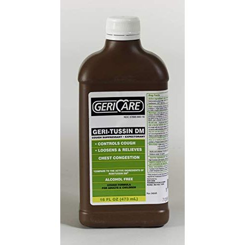 McKesson Geri-Tussin cough relief syrup in a 16 oz bottle, natural liquid medicine for cough relief.