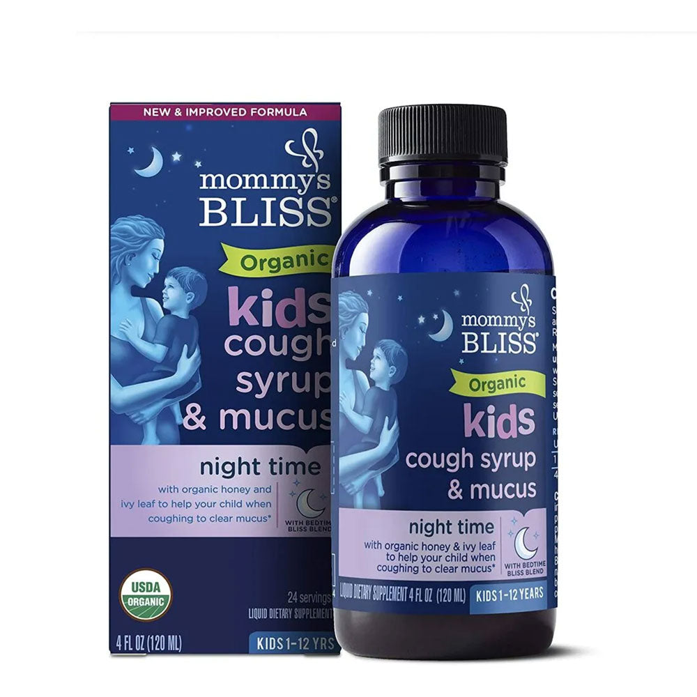 Organic Kids Cough Syrup & Mucus Relief by Mommy's Bliss in 4 fl oz bottle with a child-friendly label and measuring cup.