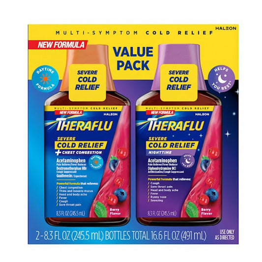 Theraflu Multi-Symptom Severe Cold Relief Day & Night Liquid syrup in berry flavor, 16.6 fl oz bottle from Pasteur Pharmacy.